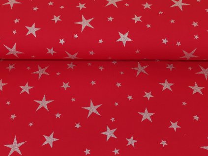 Teplákovina s elastanem Stříbrné vánoční hvězdy na červené K