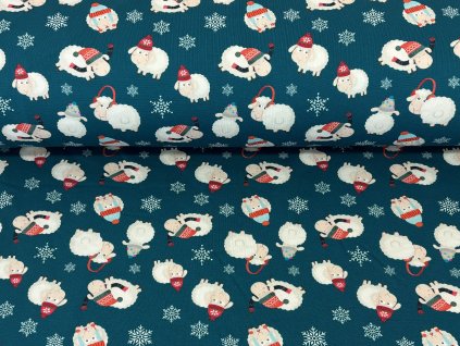 Bavlněná počesaná teplákovina - Zimní ovečky