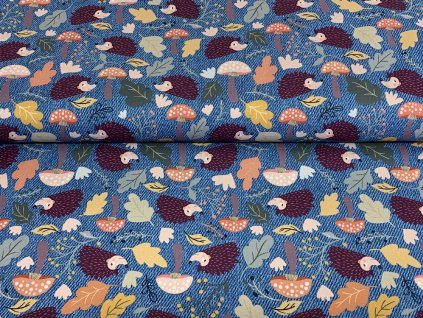 Ježci a houbičky na světlé jeans