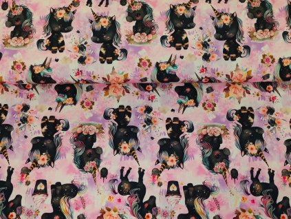 Zimní softshell - Jednorožci na růžovém akvarelu