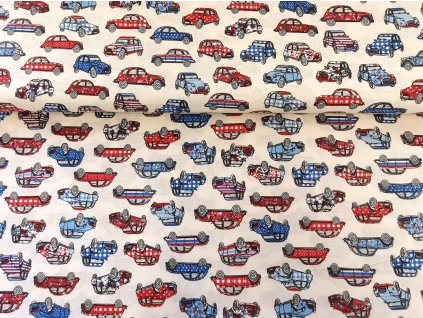 Bavlněné plátno  Autíčka červená a modrá