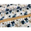 Bavlněný úplet s elastanem - Modré a bílé kvítky se zlatým okrajem 190g