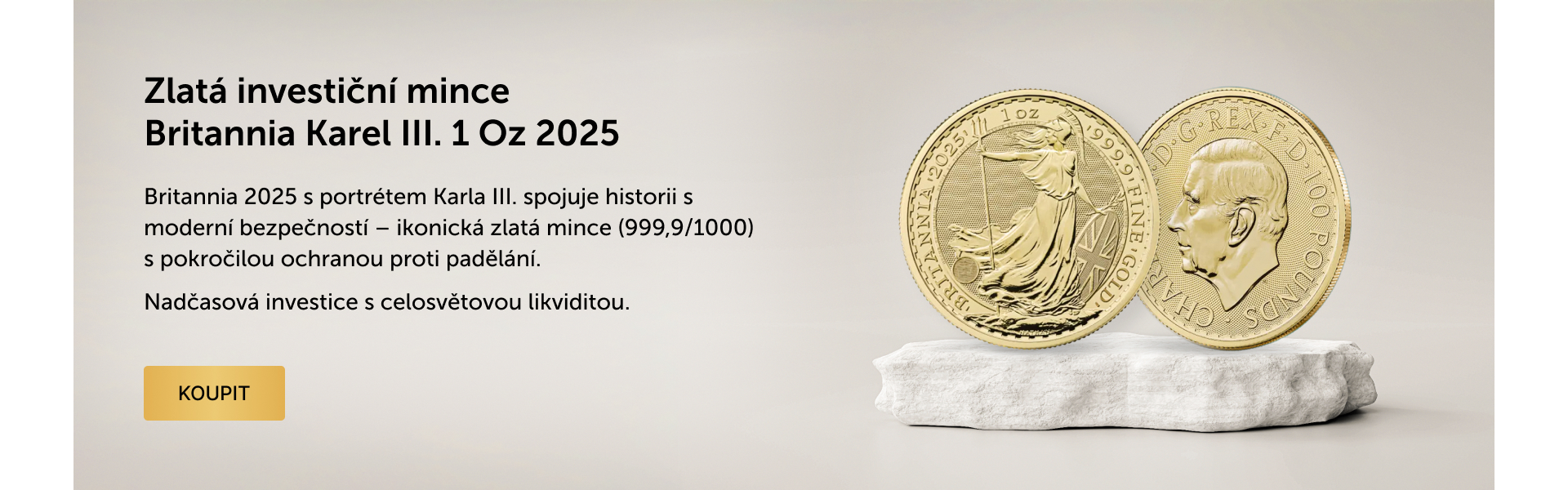 Zlatá investiční mince Britannia Karel III. 1 Oz 2025