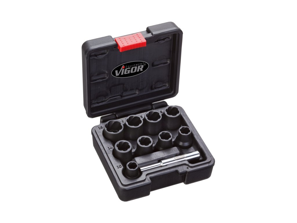 Hlavice 1/2” na poškozené šrouby a matice, velikosti 10-19 mm, sada 10 ks - VIGOR V2404 01