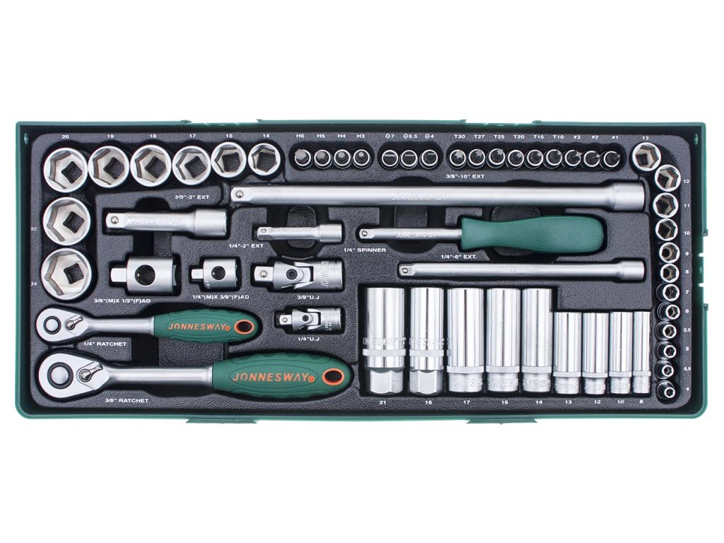 Gola sada 1/4" a 3/8", s příslušenstvím, 56 kusů v kazetě - JONNESWAY S04H3157SP 00