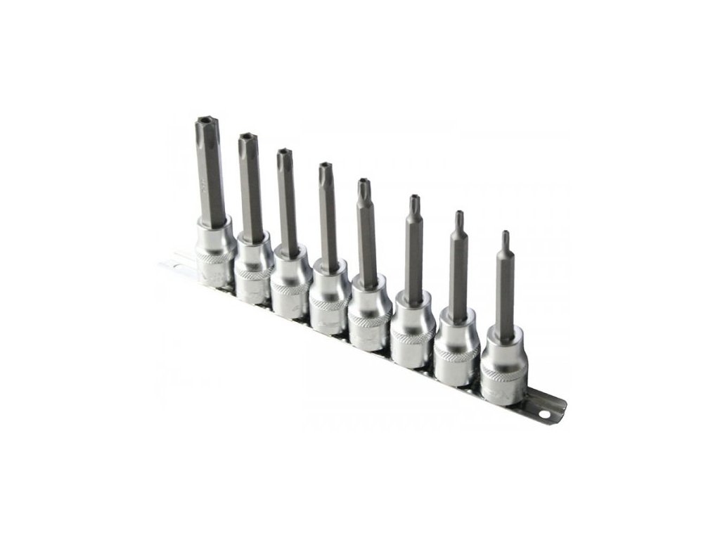 Zástrčné hlavice TORX s otvorem 1/2", TX20-TX60, prodloužené 100 mm, 8 ks na liště - ASTA