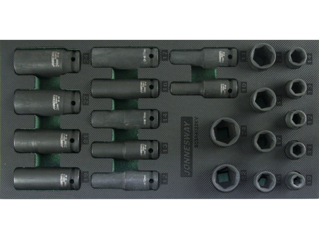 Modul - nástrčné hlavice úderové 1/2", 10 - 24 mm, 6hranné, 22 ks - JONNESWAY S03A4122KV