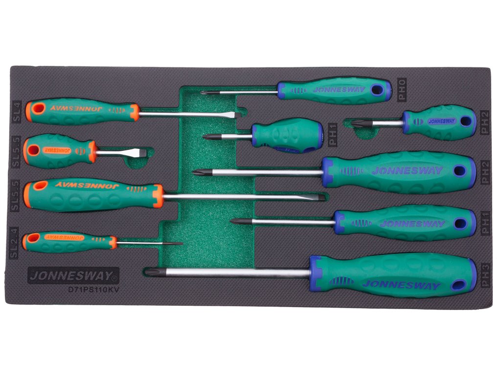 Modul pěnový - šroubováky ploché a křížové, sada 10 ks - JONNESWAY D71PS110KV 01