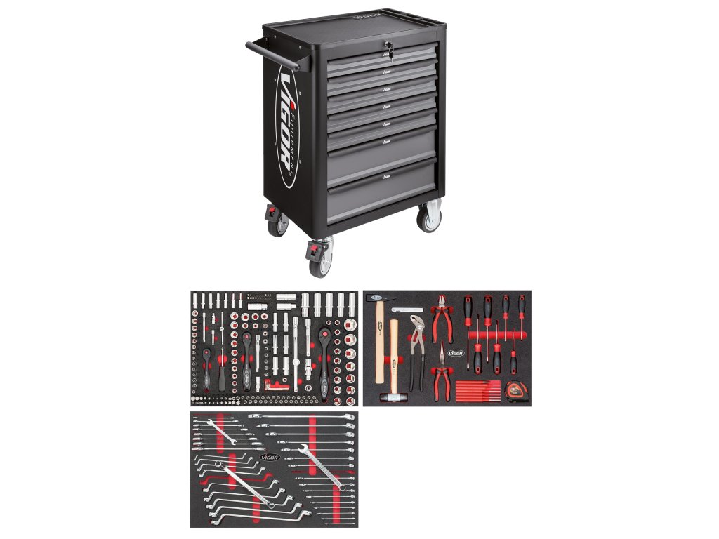 Dílenský vozík vybavený, 248 ks nářadí, 7 zásuvek - VIGOR V4219 01