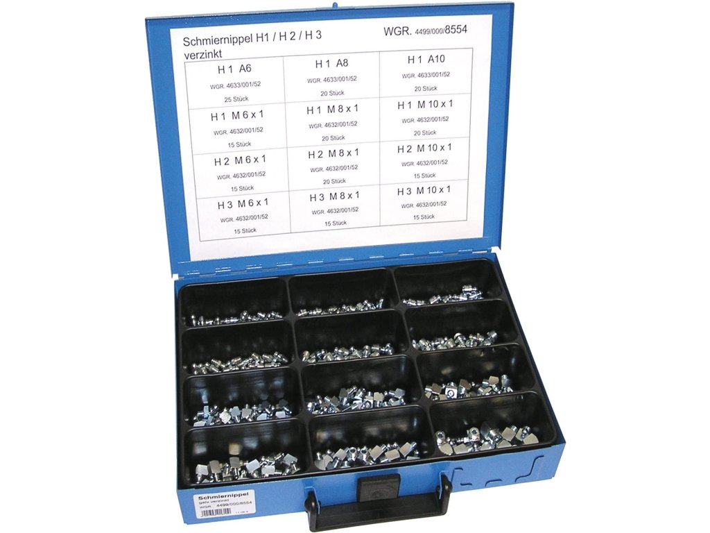 Maznice chromované H1, H2 a H3, sada 215 ks v kufru