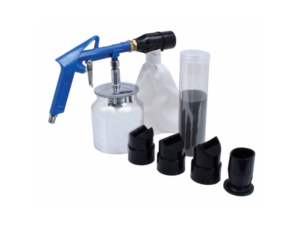 Pneumatická pískovací pistole, se sadou trysek a baleními tryskacího prostředku - SATRA