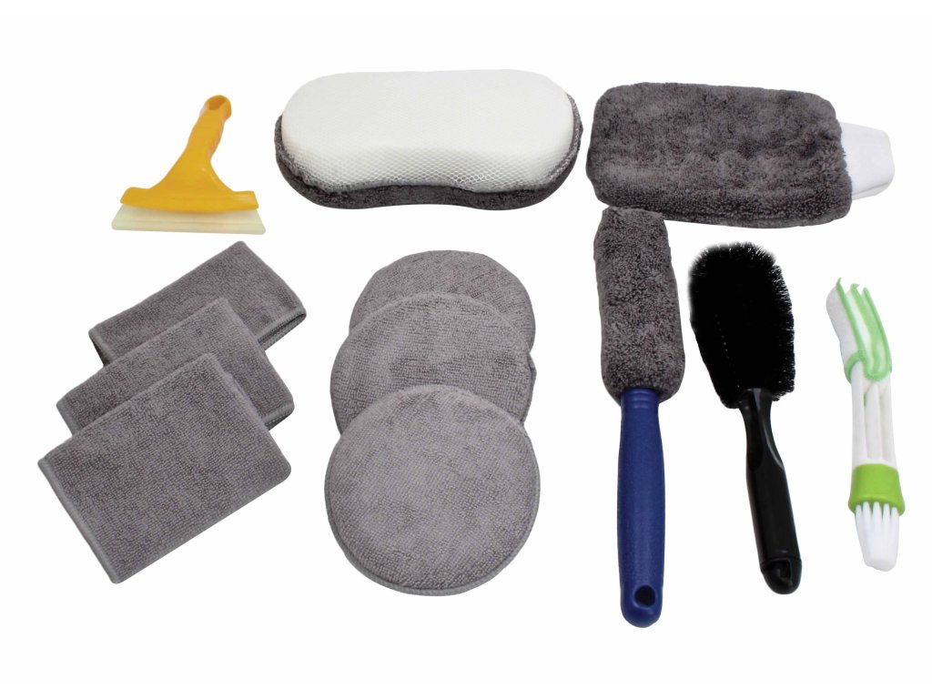 Čisticí a lešticí sada na auto – kartáče, utěrky, houbičky a škrabka, 12 ks – Asta 1