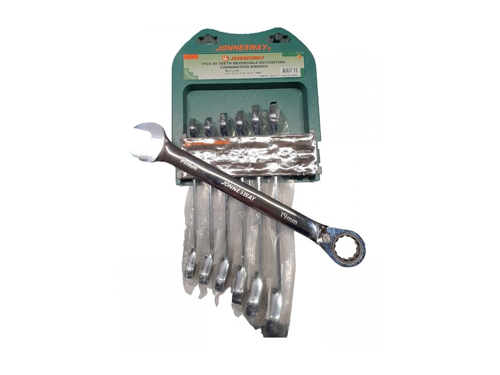 Sada očkoplochých, ráčnových klíčů s přepínáním 10-19 mm, 7 ks - JONNESWAY
