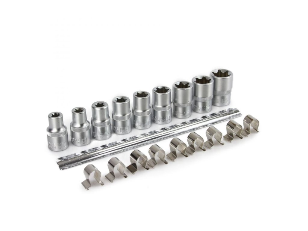 Nástrčné hlavice Torx-E, 1/2", E10 - E24, 9 ks na liště