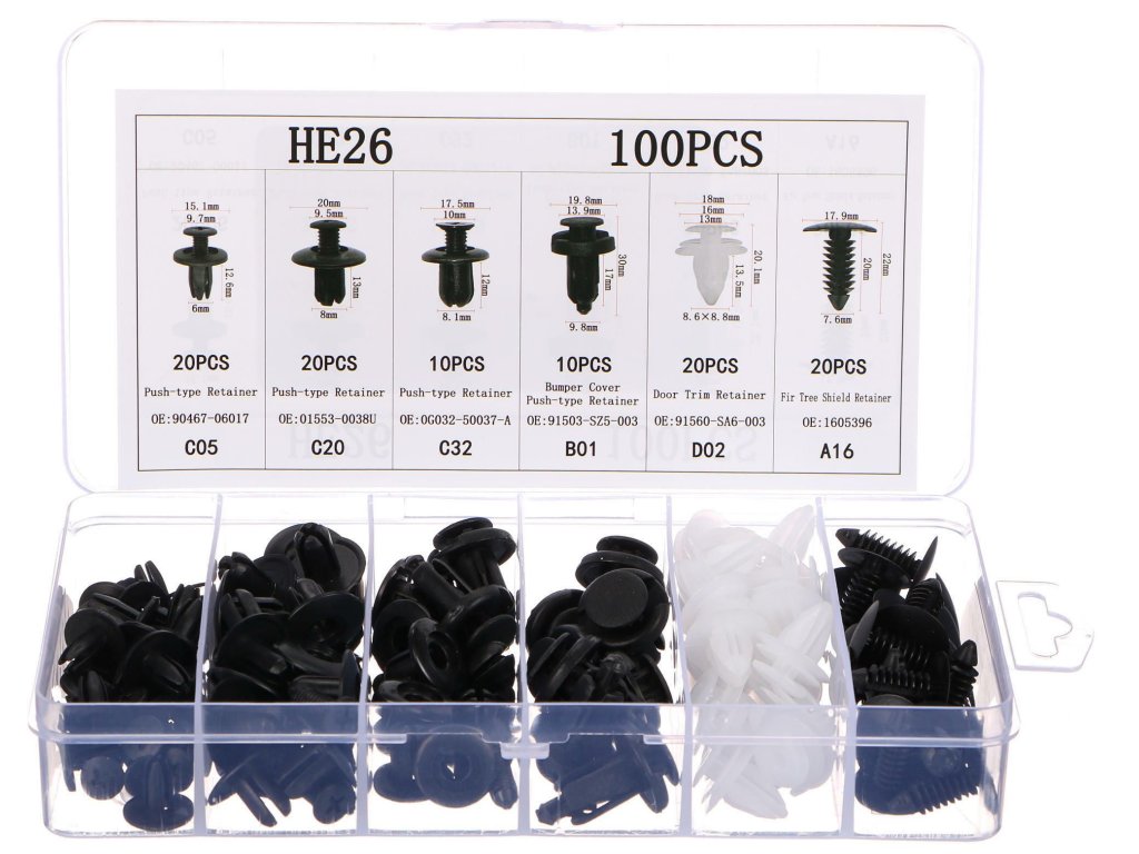 Sada spon, příchytek a kolíků pro čalounění vozidel MECHNIC TRIM CLIP SET, 100 ks - SIXTO3