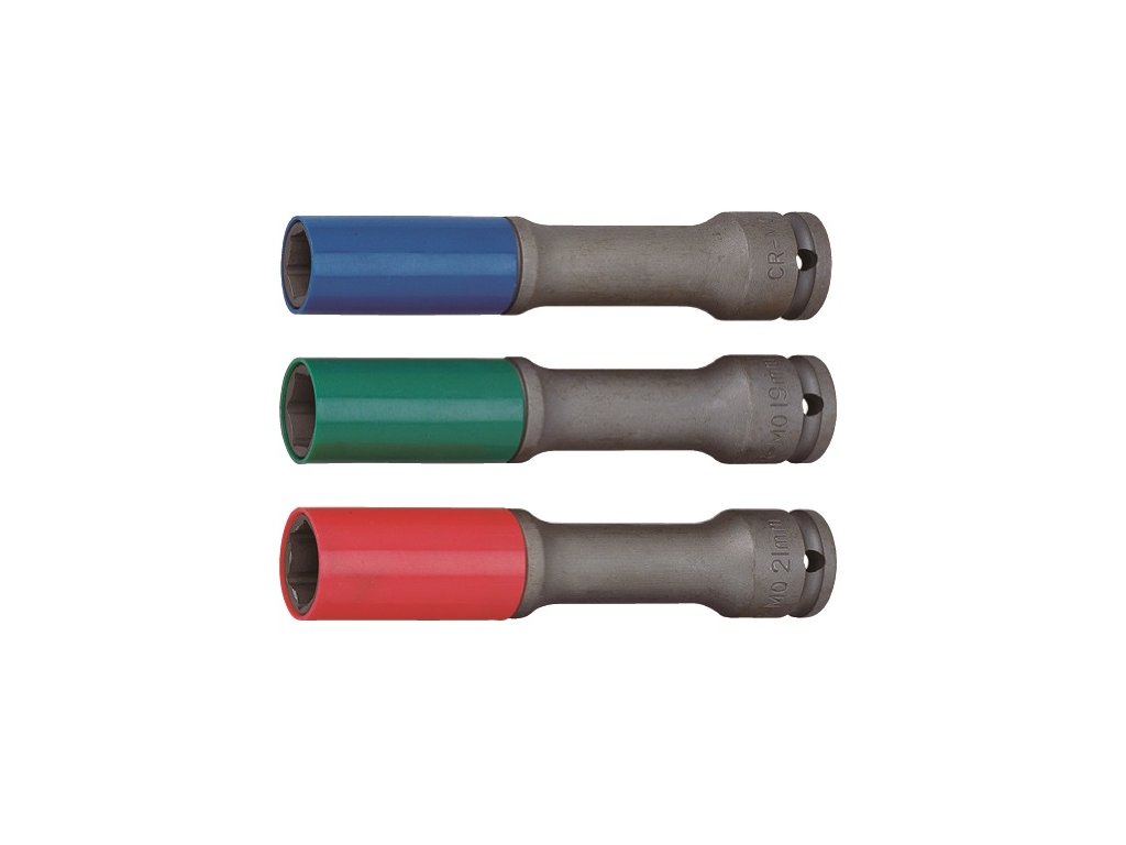 Nástrčné hlavice 1/2" prodloužené s krytkou na ALU pro rázové utahováky, 17-21mm JONNESWAY