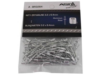 Trhací nýty hliník-ocel, 3,2 × 6,4 mm, s plochou hlavou, sada 100 kusů