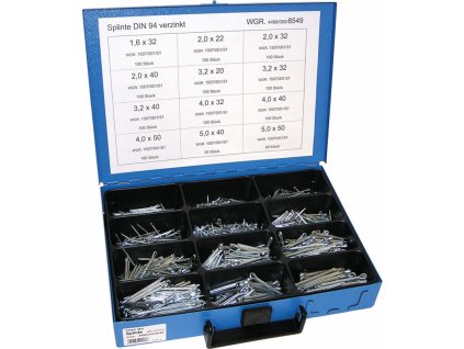 Závlačky DIN 94 1.6x32-5.0x50 mm, pozinkované, sada 1100 ks v kufru