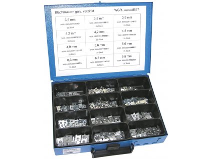 Plechové - pružné matice pro samořezné šrouby 3,5-6,5 mm, pozinkované, sada 300 ks v kufru