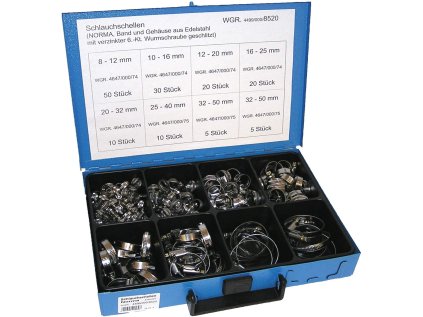 Hadeicové spony se šroubovacím zámkem, 8-50 mm, nerezové, sada 150 ks v kufru