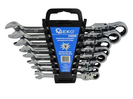 Klíče ráčnové očkoploché s kloubem, sada 8ks, 8–22 mm, plastový držák – GEKO G10338 1