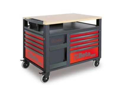 Vozík na nářadí "Supertank", s dřevěnou deskou, 10 zásuvek, červený - Beta Tools