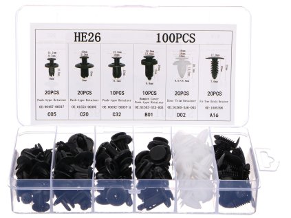 Sada spon, příchytek a kolíků pro čalounění vozidel MECHNIC TRIM CLIP SET, 100 ks - SIXTO3