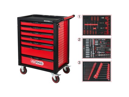Dílenský vozík, vybavený, RACINGline, 7 zásuvek, 215 ks nářadí - KS TOOLS 826.7215 a