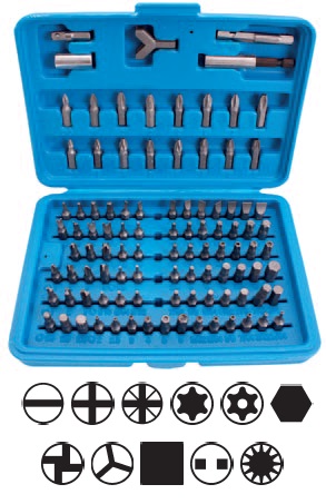 Bity ploché, křížové, TORX, IMBUS, XZN, aj., nástavce, sada 100 ks - BGS 765