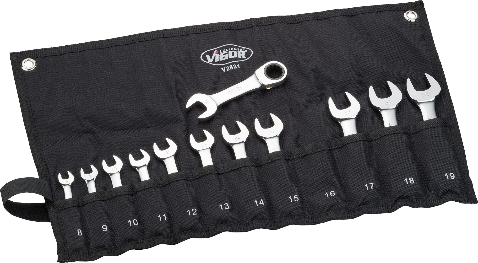 Očkoploché ráčnové klíče krátké, velikosti 8-19 mm, sada 12 ks v obalu - VIGOR V2821