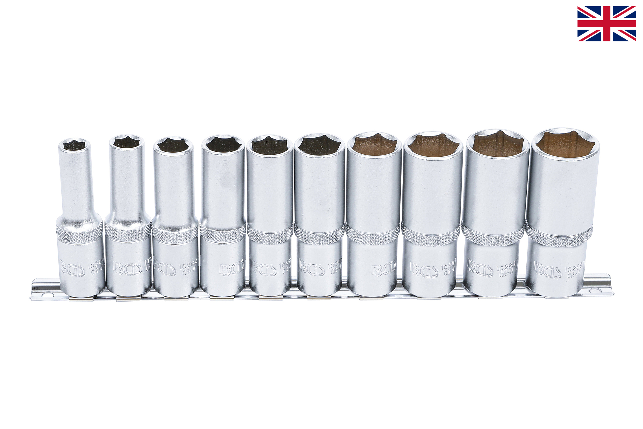 BGS technic Hlavice nástrčné 1/2", 3/8"-15/16" prodloužené palcové, na kolejnici,11ks - BGS 2435