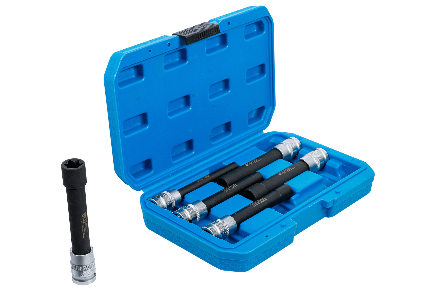 Hlavice 1/2” prodloužené E-TORX, vel. E10-E20, na hlavy válců, sada 6 ks - BGS 2028