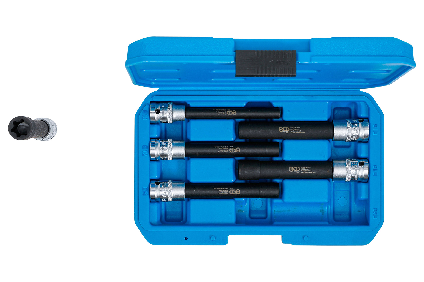 Hlavice 1/2” prodloužené E-TORX, vel. E10-E20, na hlavy válců, sada 6 ks - BGS 2028