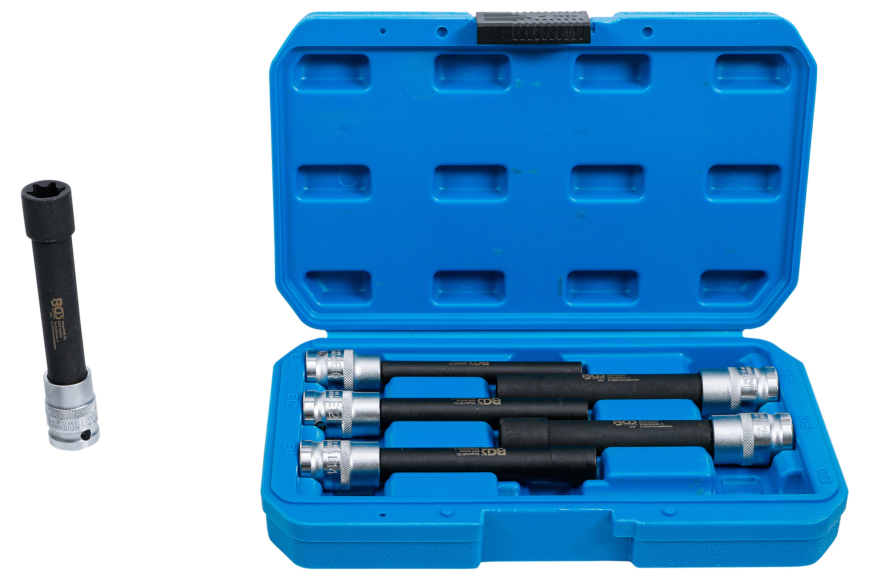 Hlavice 1/2” prodloužené E-TORX, vel. E10-E20, na hlavy válců, sada 6 ks - BGS 2028