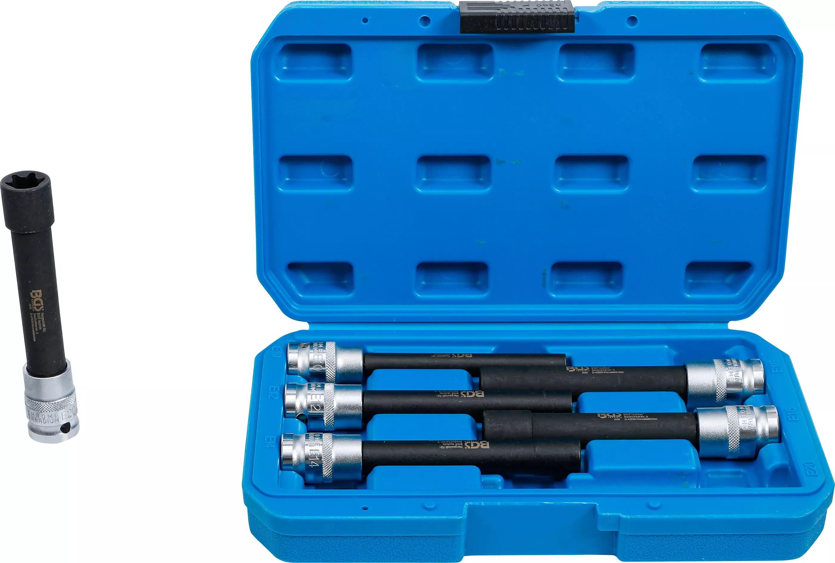 Hlavice 1/2” prodloužené E-TORX, vel. E10-E20, na hlavy válců, sada 6 ks - BGS 2028