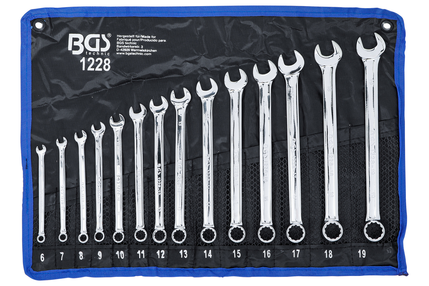 BGS technic Očkoploché klíče extra dlouhé, velikosti 6-19 mm, sada 14 ks v obalu - BGS 1228