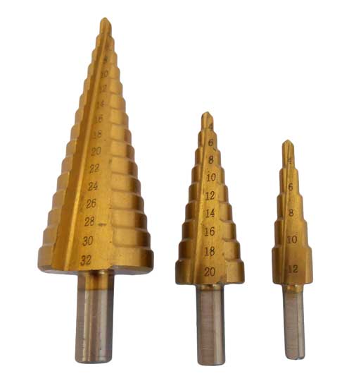 Stupňovité vrtáky 4-12 mm, 4-20 mm, 4-32 mm, sada 3 kusů