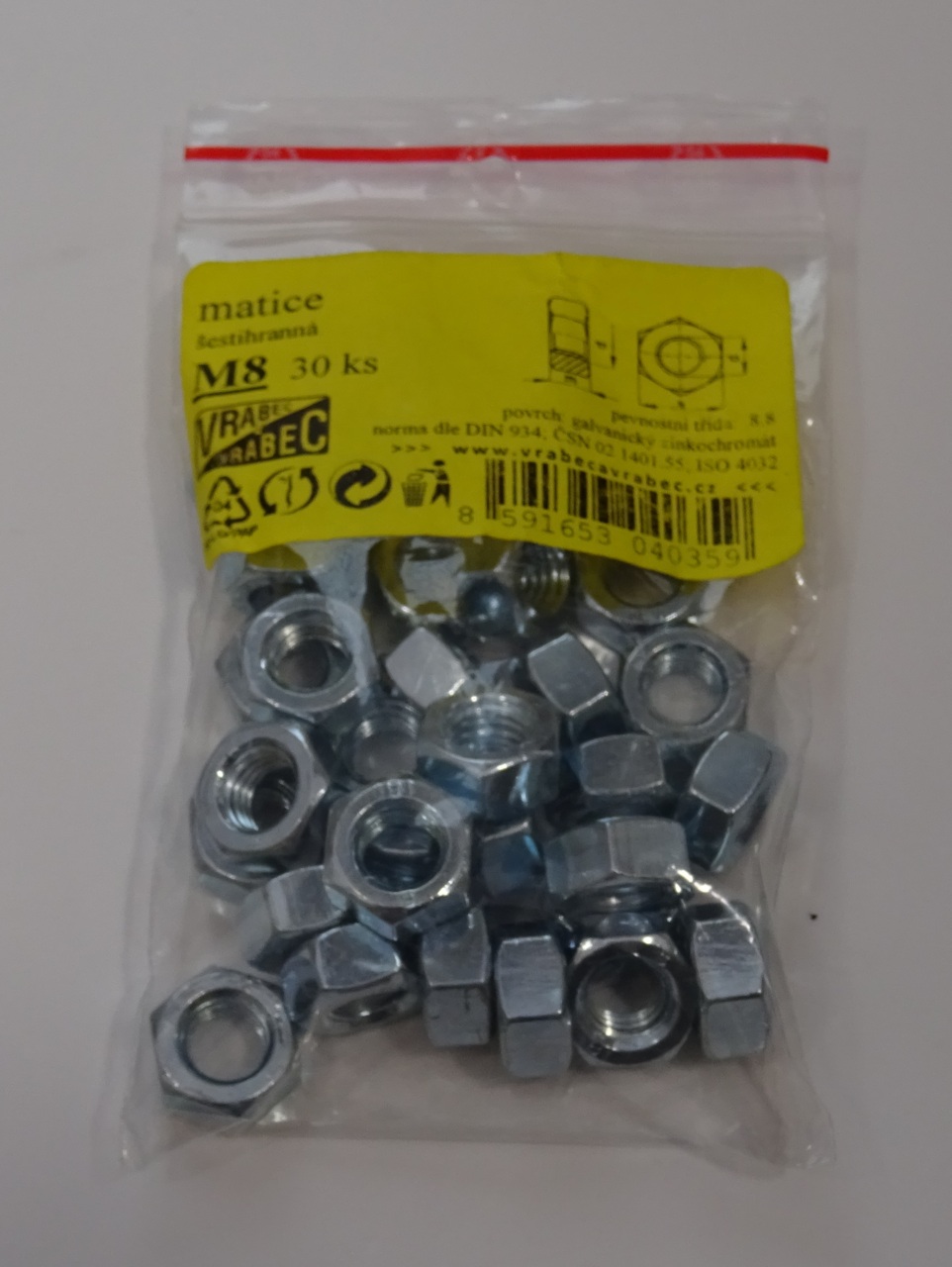Matice 6hranné DIN 934 Zn, pozinkované, M10x1.5 mm