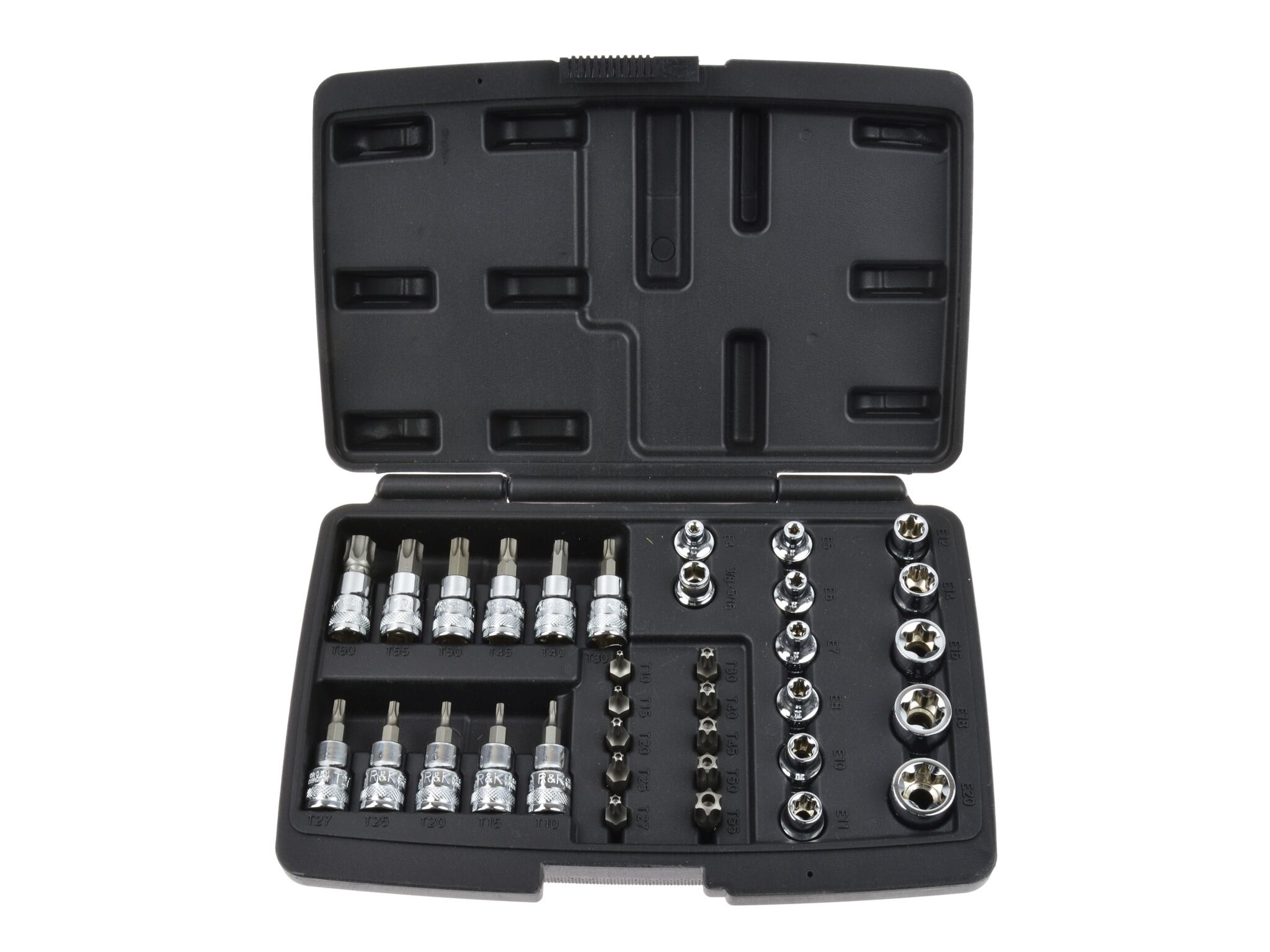 Hlavice 3/8” nástrčné a zástrčné TORX (T10-T55) a E-TORX (E4-E20), s nástavci, sada 34 ks