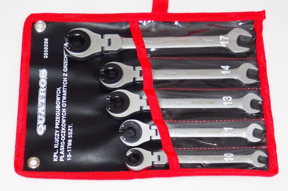 Očkoploché kloubové klíče s ráčnou na převlečné matice, 10 - 17 mm, 5 ks - QUATROS QS50200