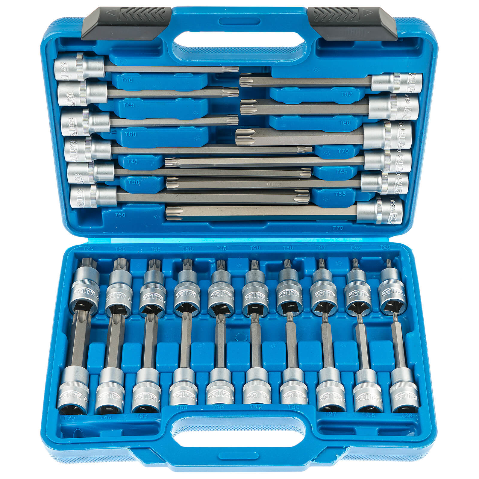 Zástrčné hlavice TORX 1/2", standardní, prodloužené a extra dlouhé, T20-T70, 32 ks - SATRA