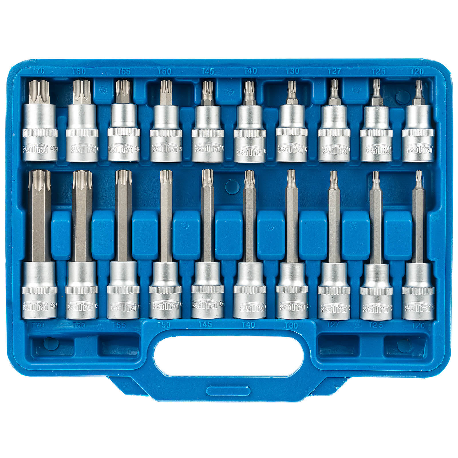 Zástrčné hlavice TORX 1/2", standardní, prodloužené a extra dlouhé, T20-T70, 32 ks - SATRA