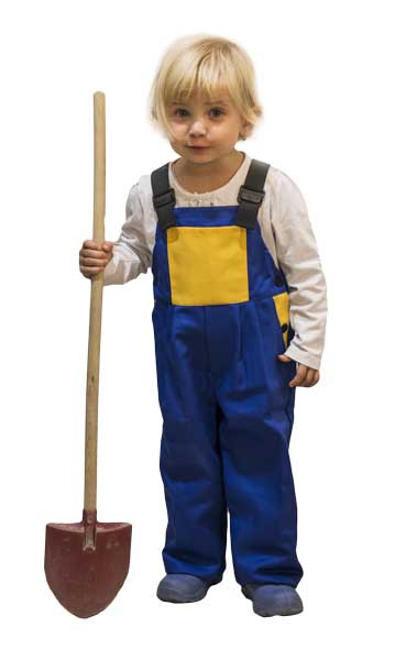 Dětské pracovní laclové kalhoty, modrožlutá barva, různé velikosti