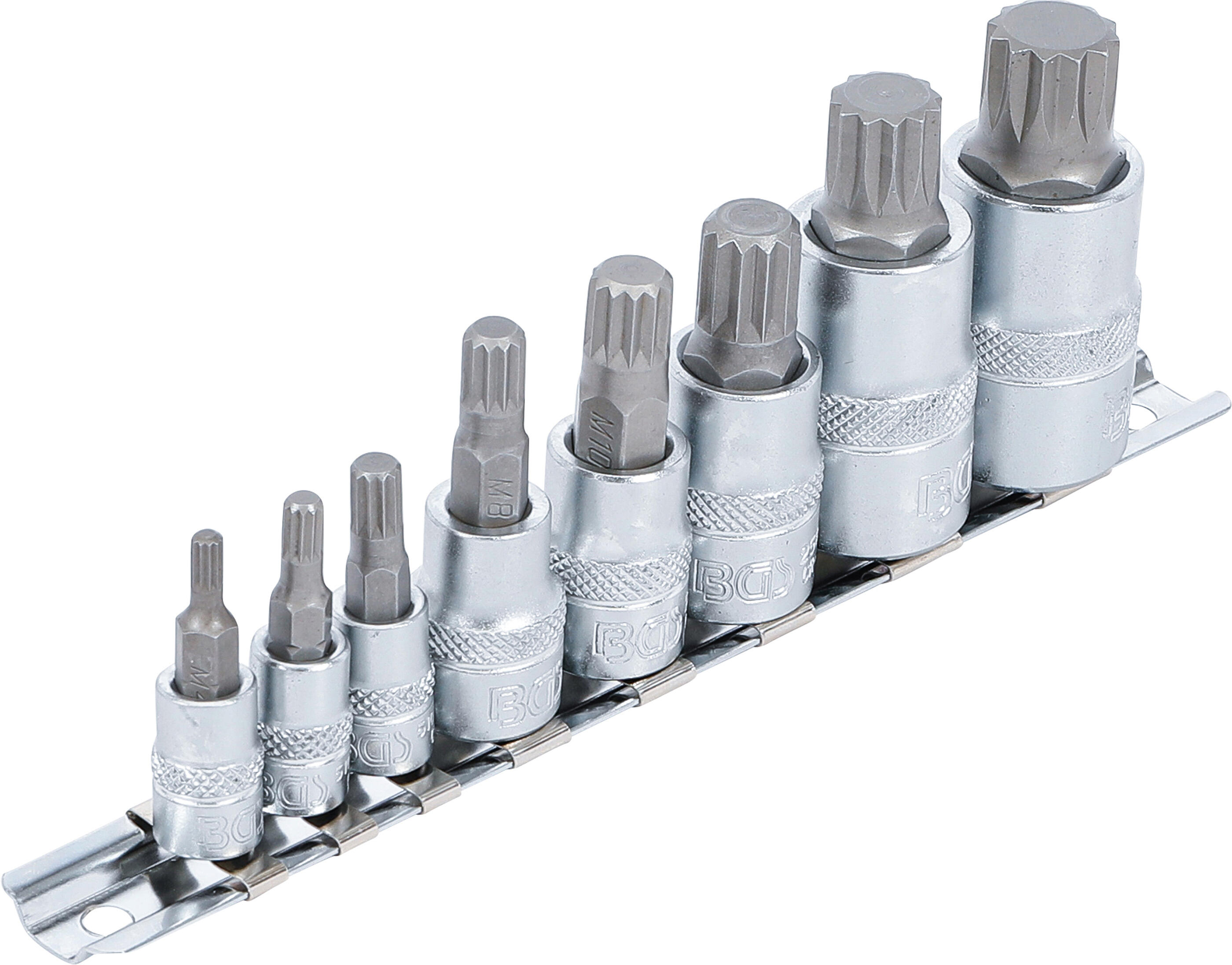 Hlavice zástrčné XZN 1/4”, 3/8” a 1/2”, vel. M4-M16, sada 8 ks na liště - BGS 5105