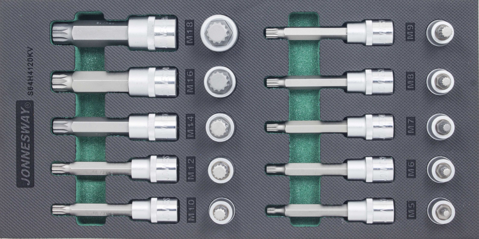 Modul pěnový - zástrčné hlavice XZN 1/2", M5 - M18, 20 ks - JONNESWAY S64H4120KV