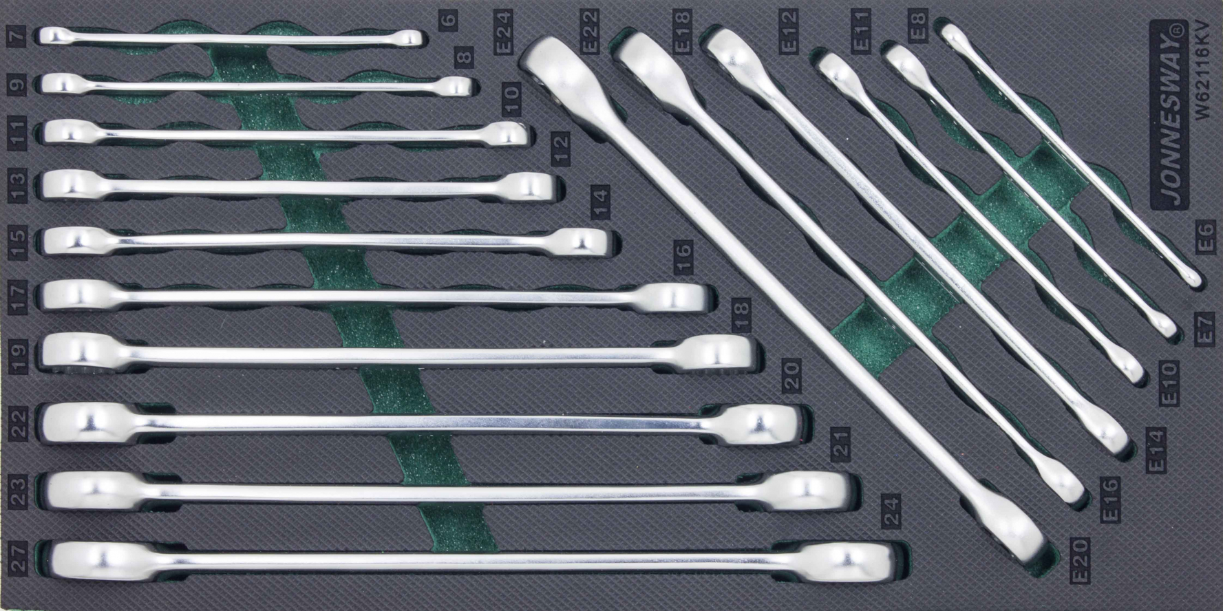 Modul pěnový - klíče očkové a TORX-E, sada 16 ks - JONNESWAY W62116KV