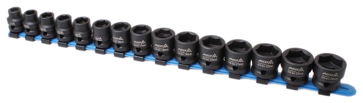 Hlavice nástrčné úderové 1/2", 10-24 mm, 6hranné extra krátké 28 mm, 15 ks na liště - ASTA