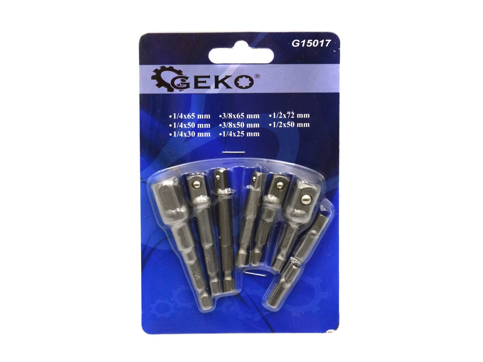 GEKO Adaptéry na gola hlavice do vrtačky, čtyřhran 1/4”, 3/8”, 1/2”, sada 8 ks