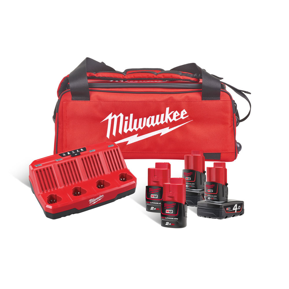 Aku sada: nabíječka, 4 baterie 12V 4,0 a 2,0 Ah Li-Ion, v tašce - Milwaukee M12 NRG-424B