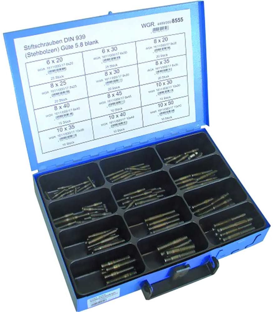 Závrtné šrouby - štefty DIN 939 6x20-10x50 mm, sada 195 ks v kufru